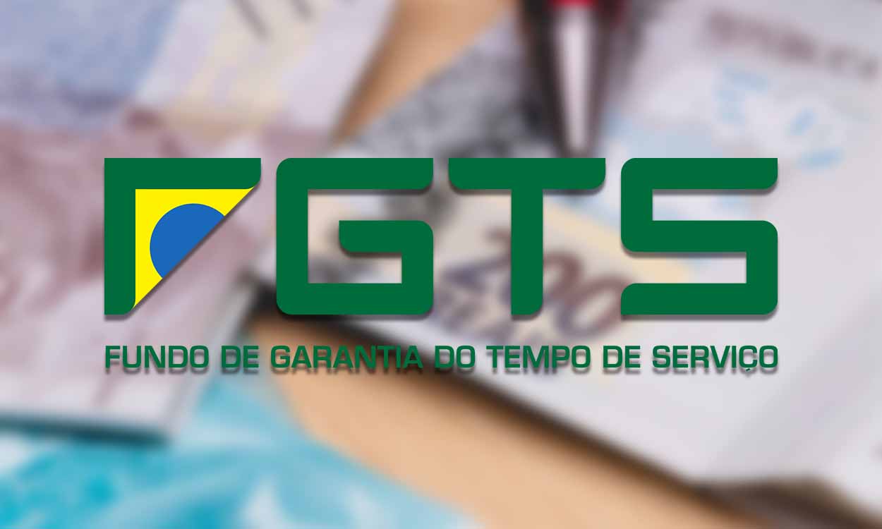 logo do FGTS com notas de dinheiro ao fundo