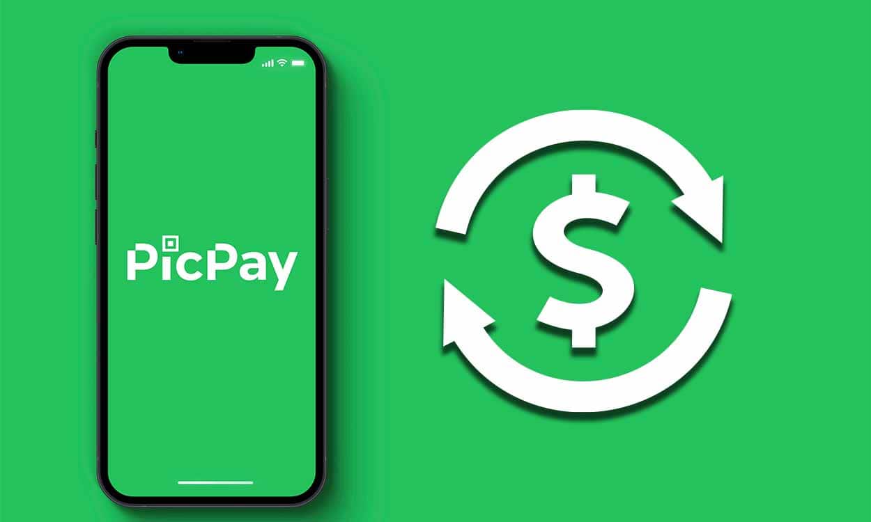 Celular com app PicPay aberto. Ao lado, símbolo de cashback