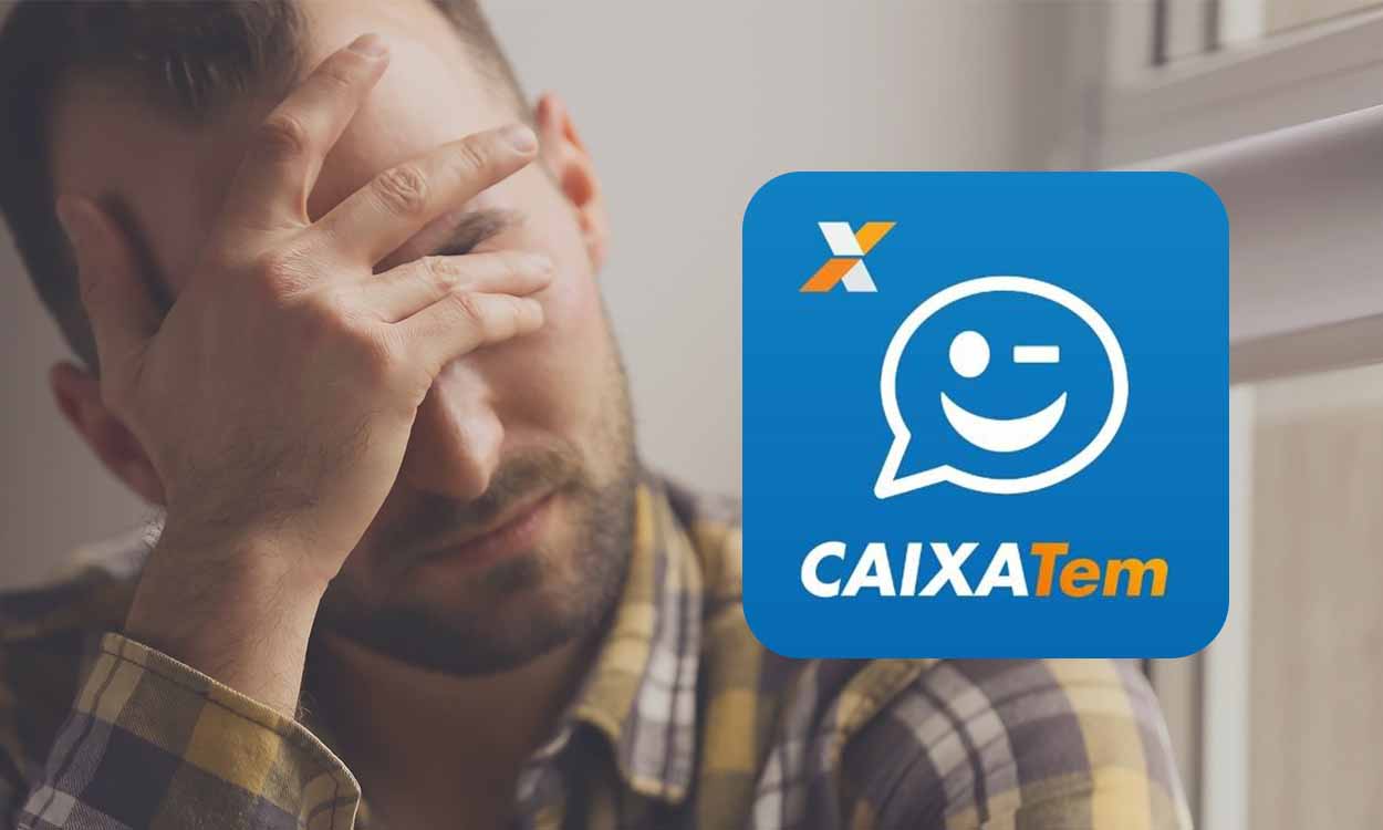 Homem preocupado e logo do Caixa Tem