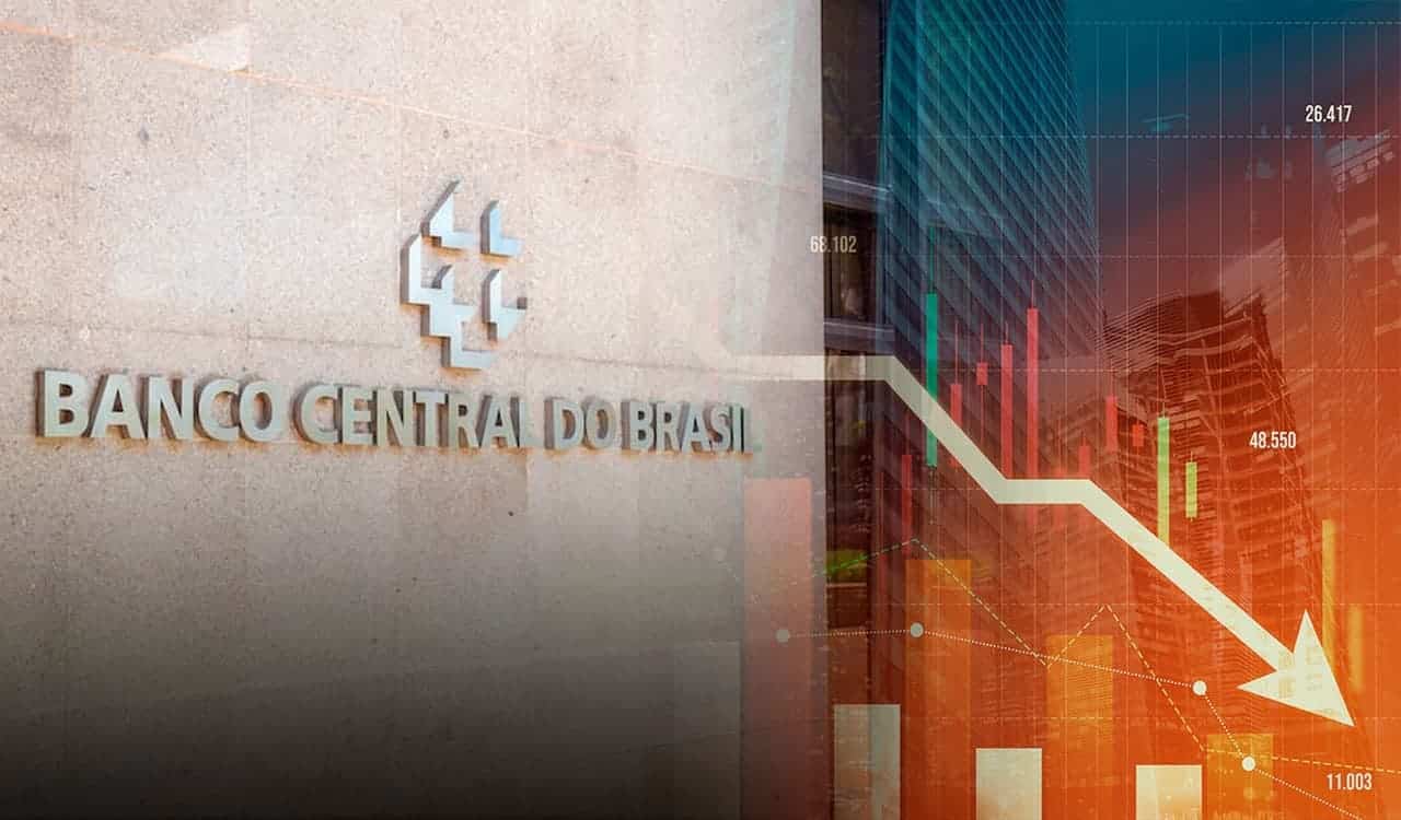 Imagem da fachada do Banco Central e ilustração de gráficos ao lado, expressando queda nos números.