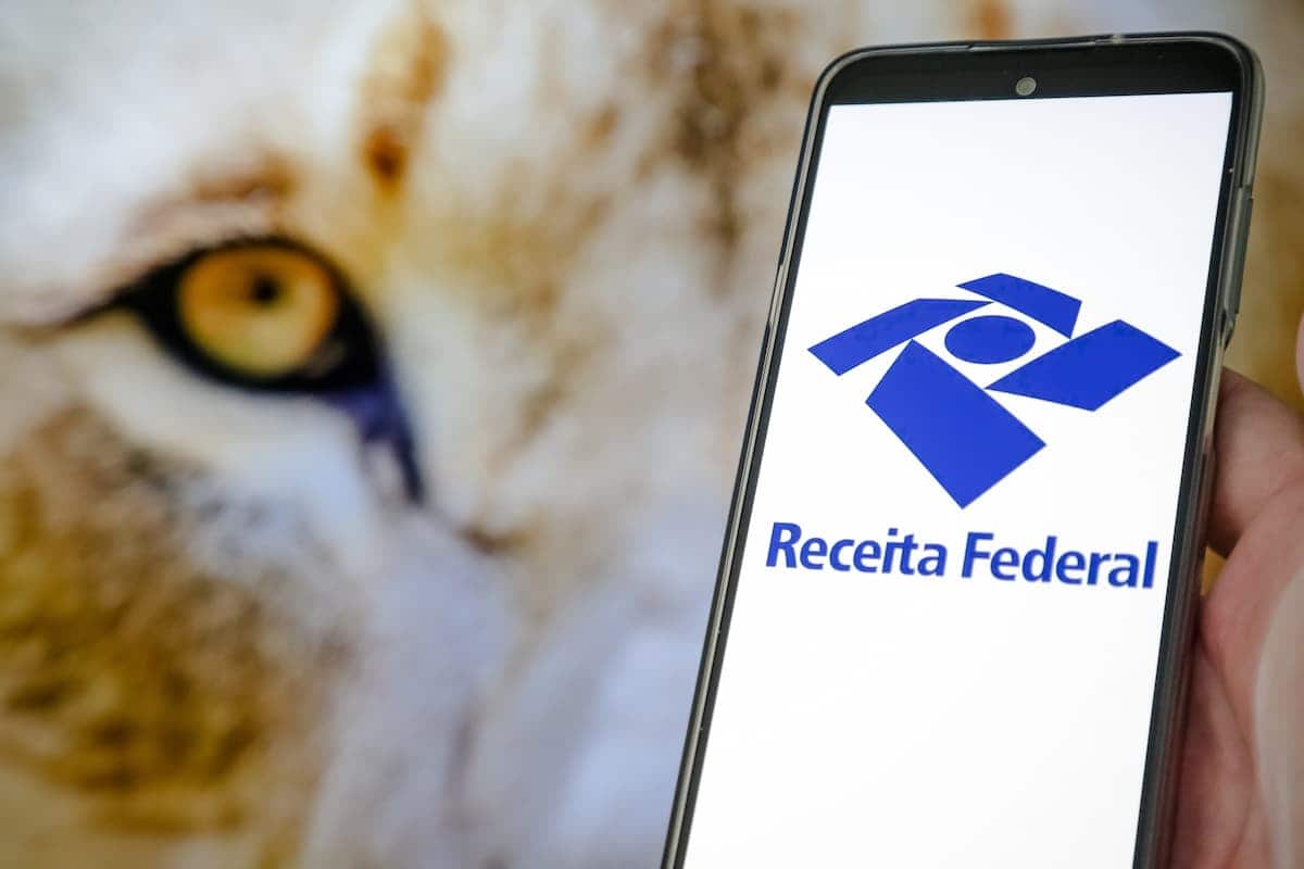 A imagem mostra a tela de um celular com o aplicativo da Receita Federal aberto. No canto esquerdo da tela, há um ícone representando um olho de leão.