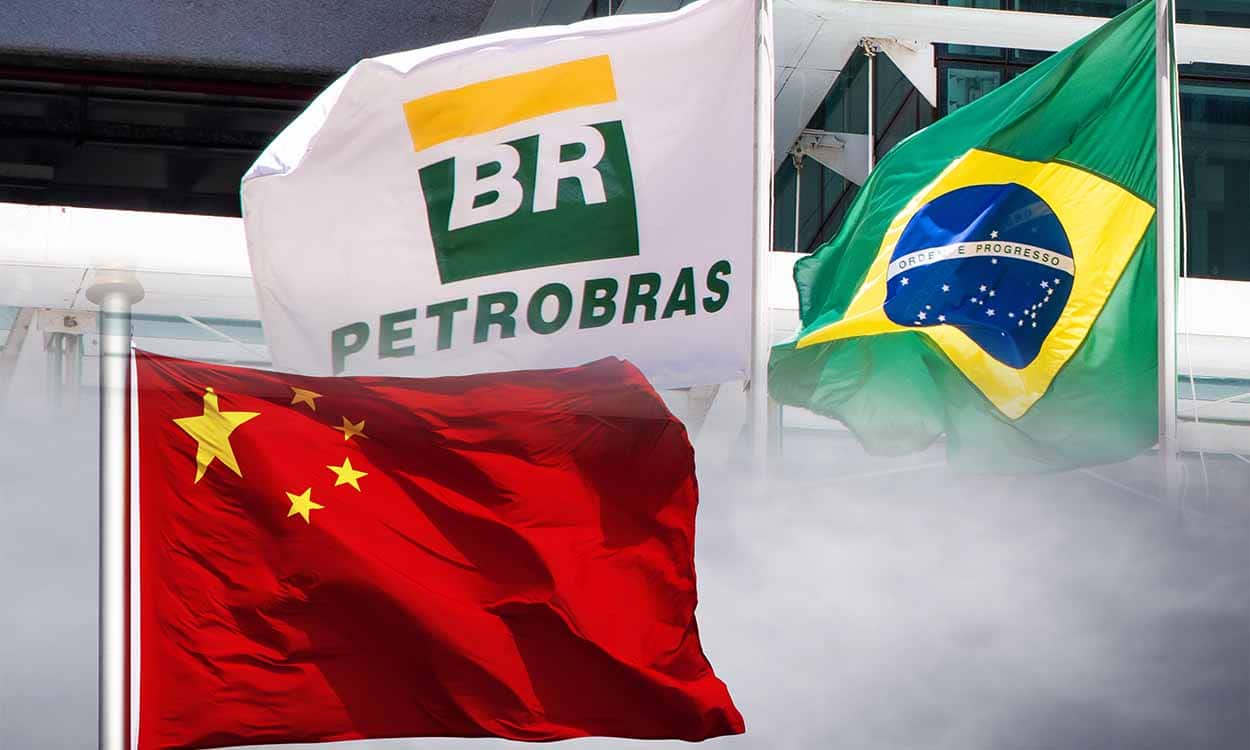 Imagem das bandeiras do Brasil, China e Petrobras.