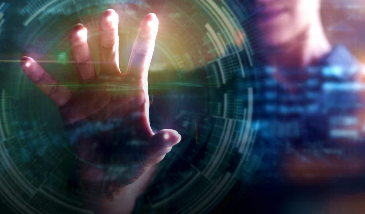 Mão em arte gráfica de tecnologia