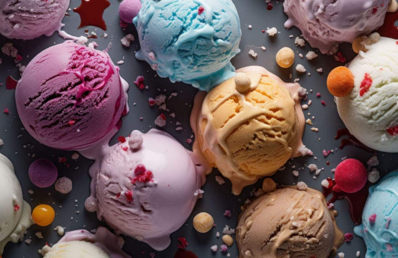 Várias bolas de sorvete de diferentes cores