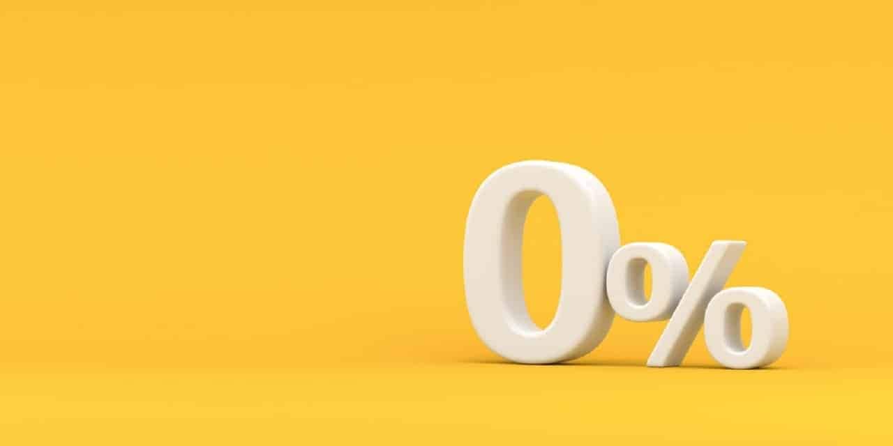 Imagem de uma ilustração com um zero ao lado de um símbolo "%". Atrás, um fundo amarelo.