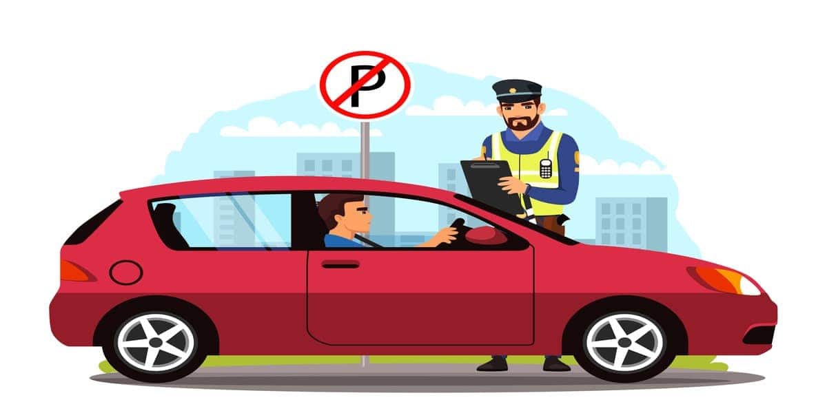 Ilustração de um motorista recebendo multa de trânsito.