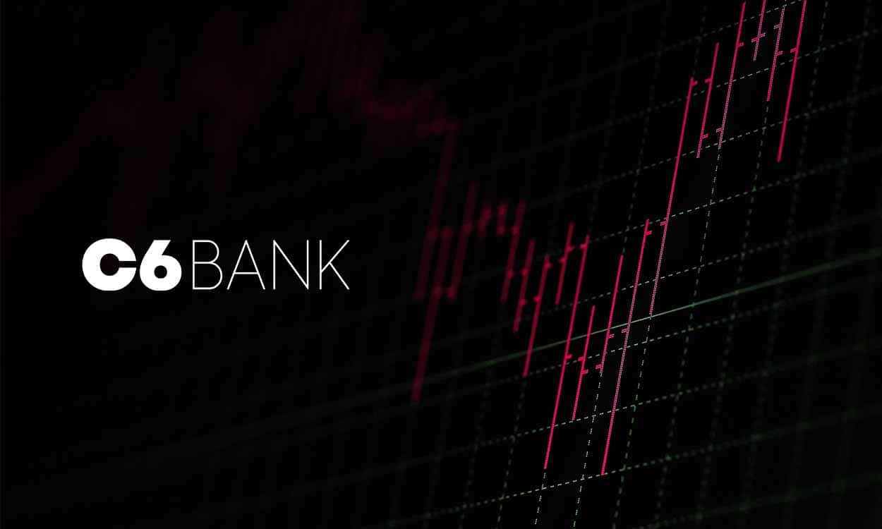 Montagem comum gráfico de ações e a logo do C6 Bank