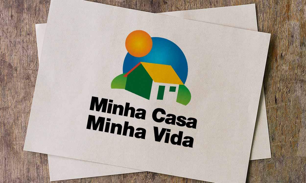 Imagem com desenho de uma casa, escrito o nome do programa social Minha Casa, Minha Vida, em destaque na cor preta. venda