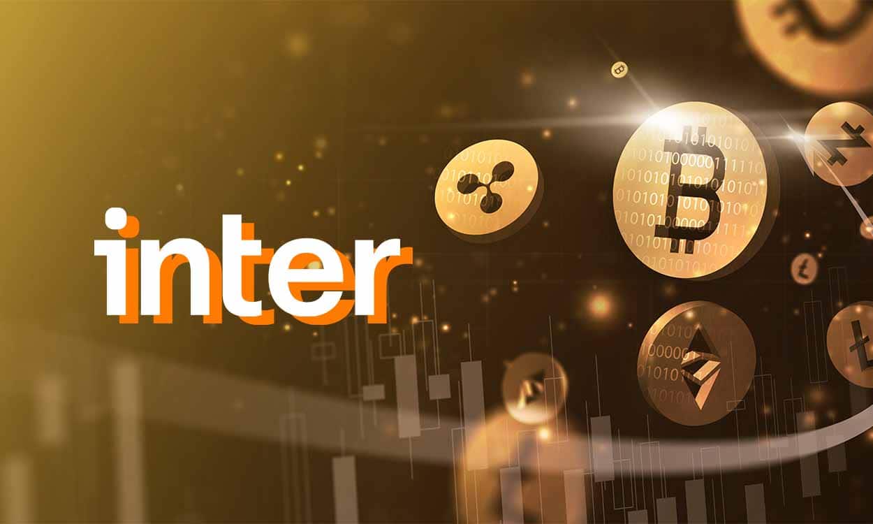Criptomoedas voando com logo do Inter