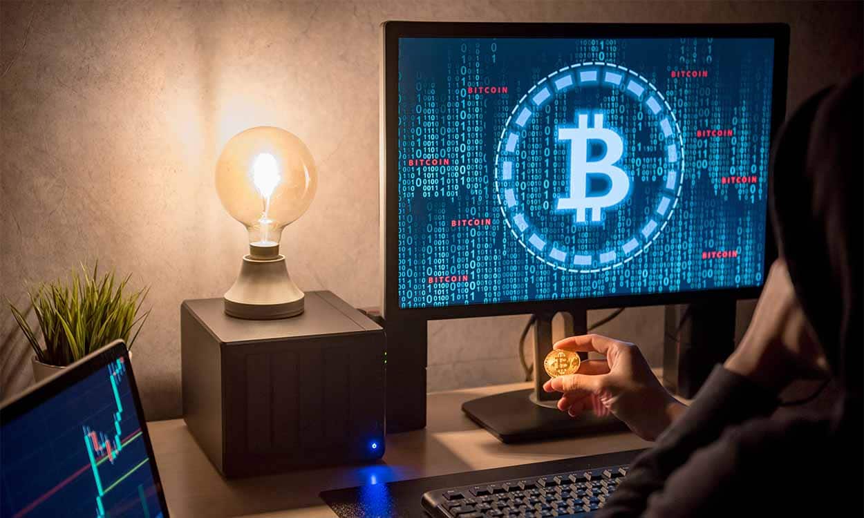 Imagem de um monitor com a tela ligada no símbolo do Bitcoin
