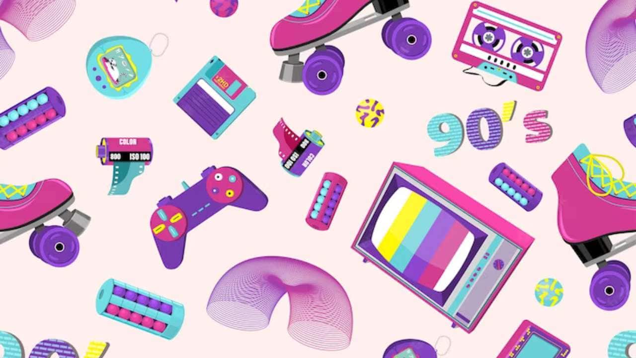 Padrão vetorial com produtor dos anos 90, como toca-fitas, patins e outros itens coloridos.