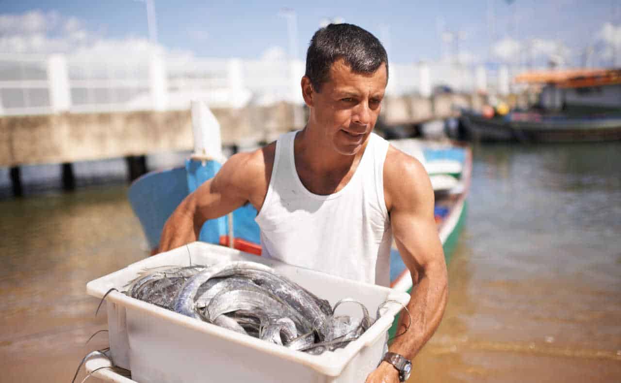 homem carregando uma caixa de peixes em um porto de pesca