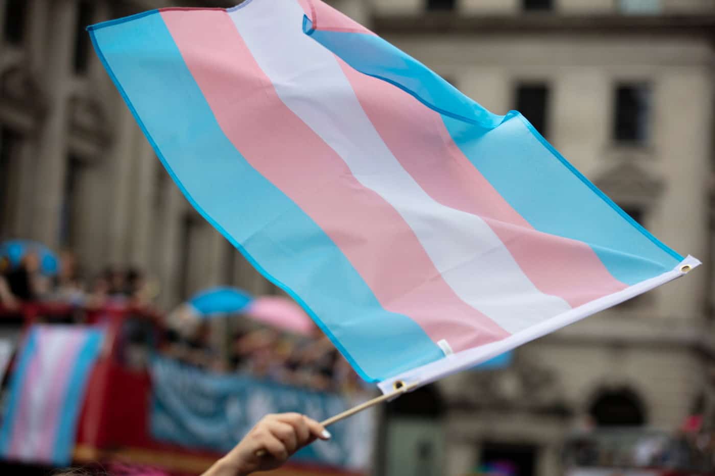 Foto mostra uma pessoa segurando a bandeira de orgulho transgênero.