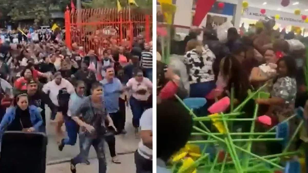 Clientes correndo em direção a loja/ Clientes pegando vassouras em stand