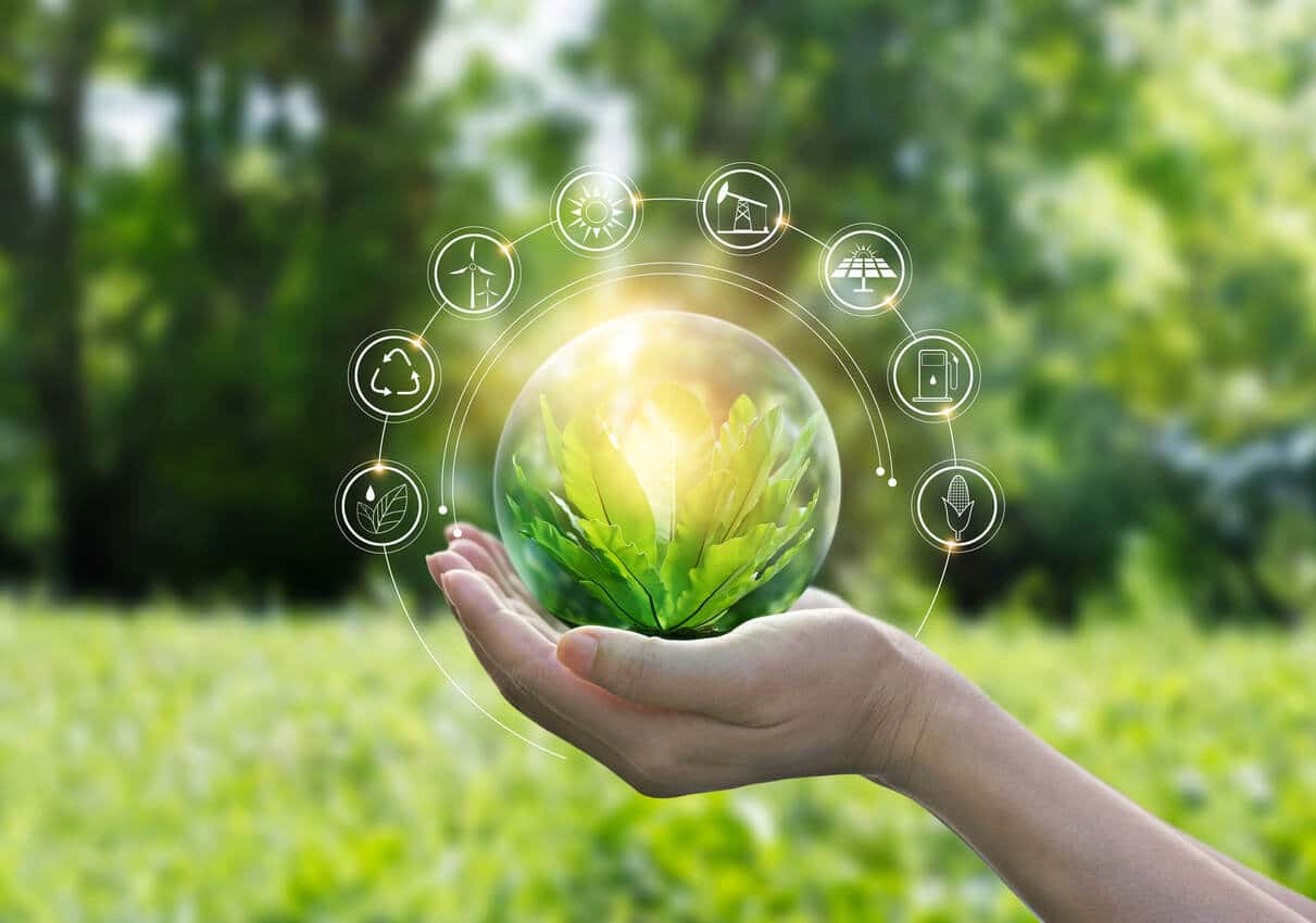 Na imagem, mão segurando um globo com planta dentro e em volta, vários símbolos representando sustentabilidade.
