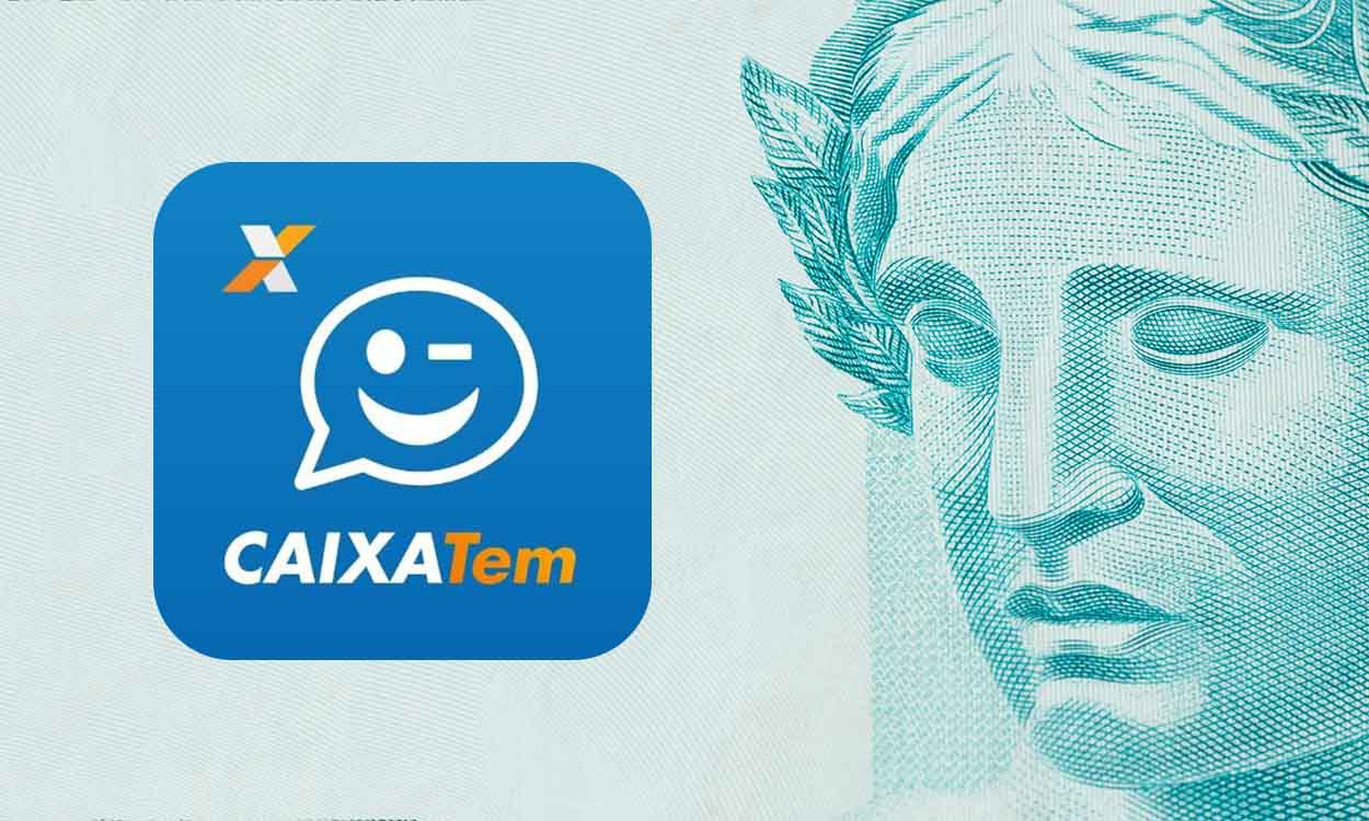 Logo do Caixa Tem sobre uma nota de 100 reais. A imagem da nota está focada na efígie que estampa a cédula, sem mostrar o valor. bonus