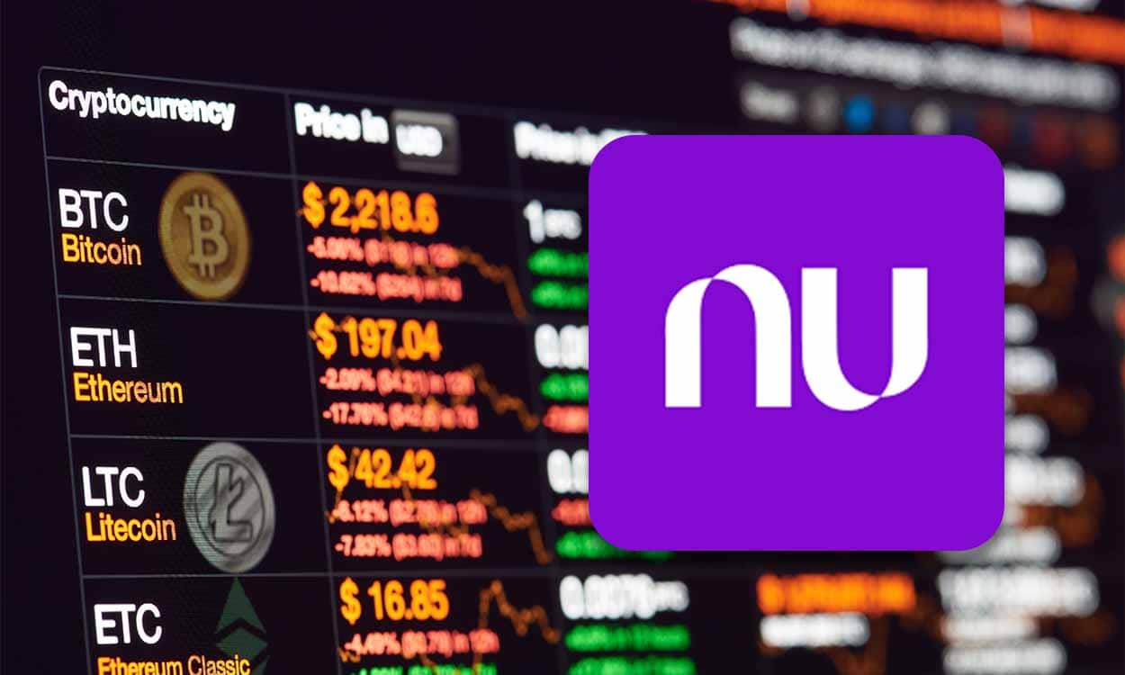 símbolo do Nubank em frente a um gráfico de ações de criptomoedas