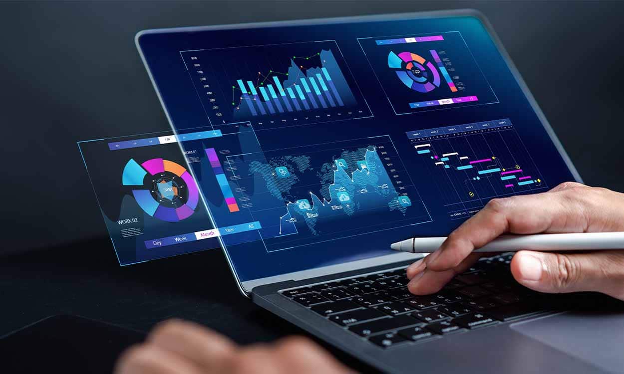 Pessoa analisando gráficos e sistema no notebook