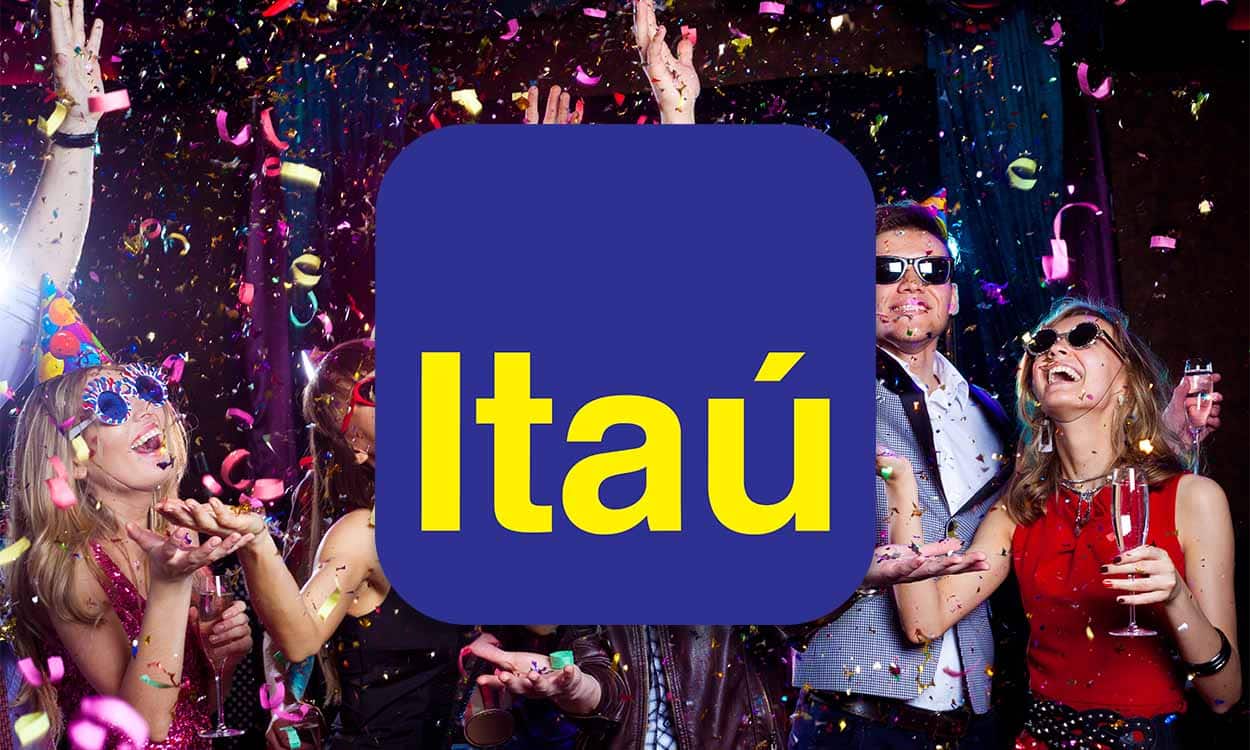 Montagem com um grupo de pessoas festejando e a logo do Itáu na frente