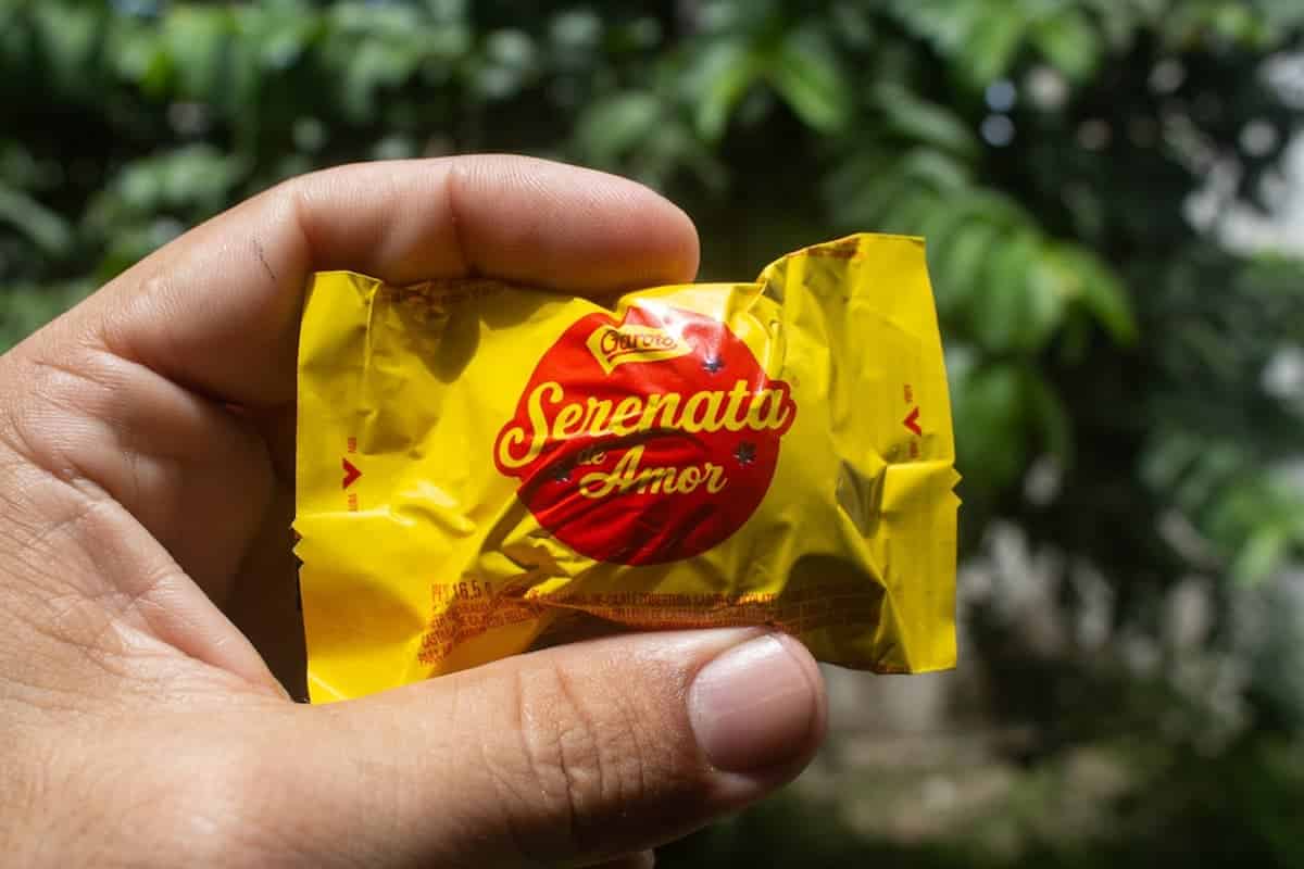 Imagem de pessoa segurando um bombom/wafer de Serenata de Amor