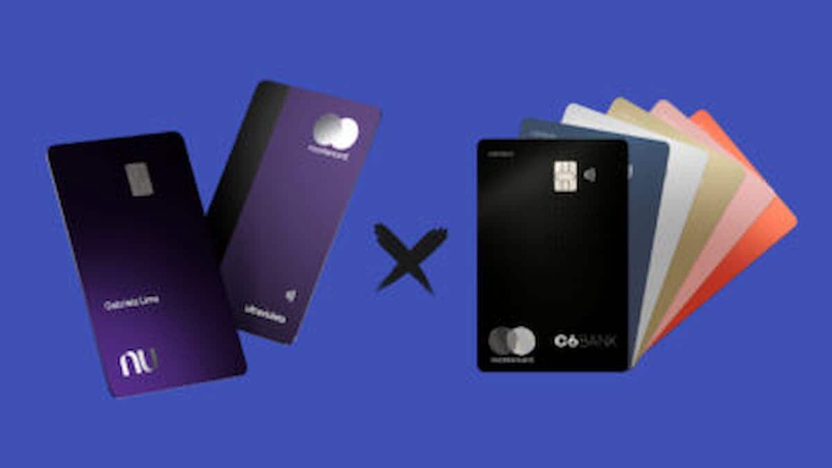 Cartões Nubank Ultravioleta e C6 Carbon em um fundo azul.