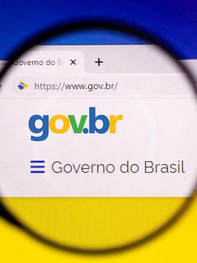 A imagem mostra o site do Gov.br aberto e uma lupa no nome "gov.br", com letras em azul, amarelo e verde.