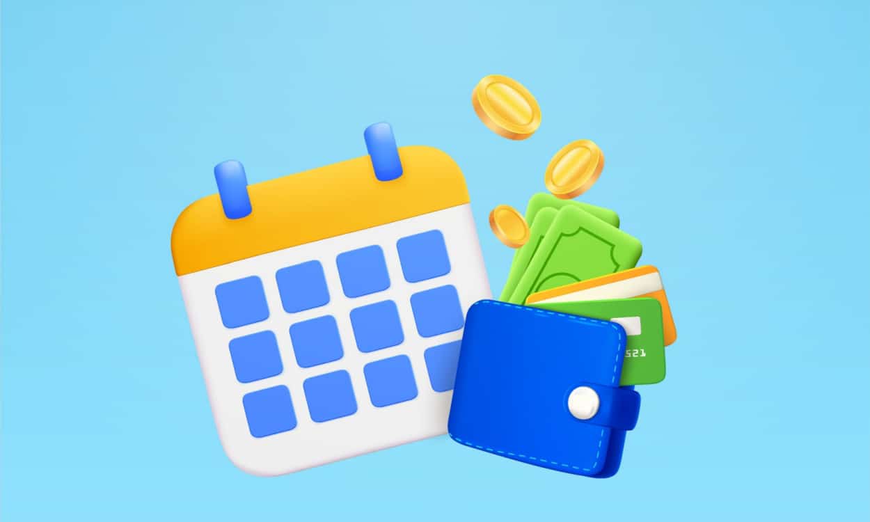 Ilustração de um calendário e uma carteira com dinheiro, cartão de crédito e moedas saindo para fora em um fundo azul claro.