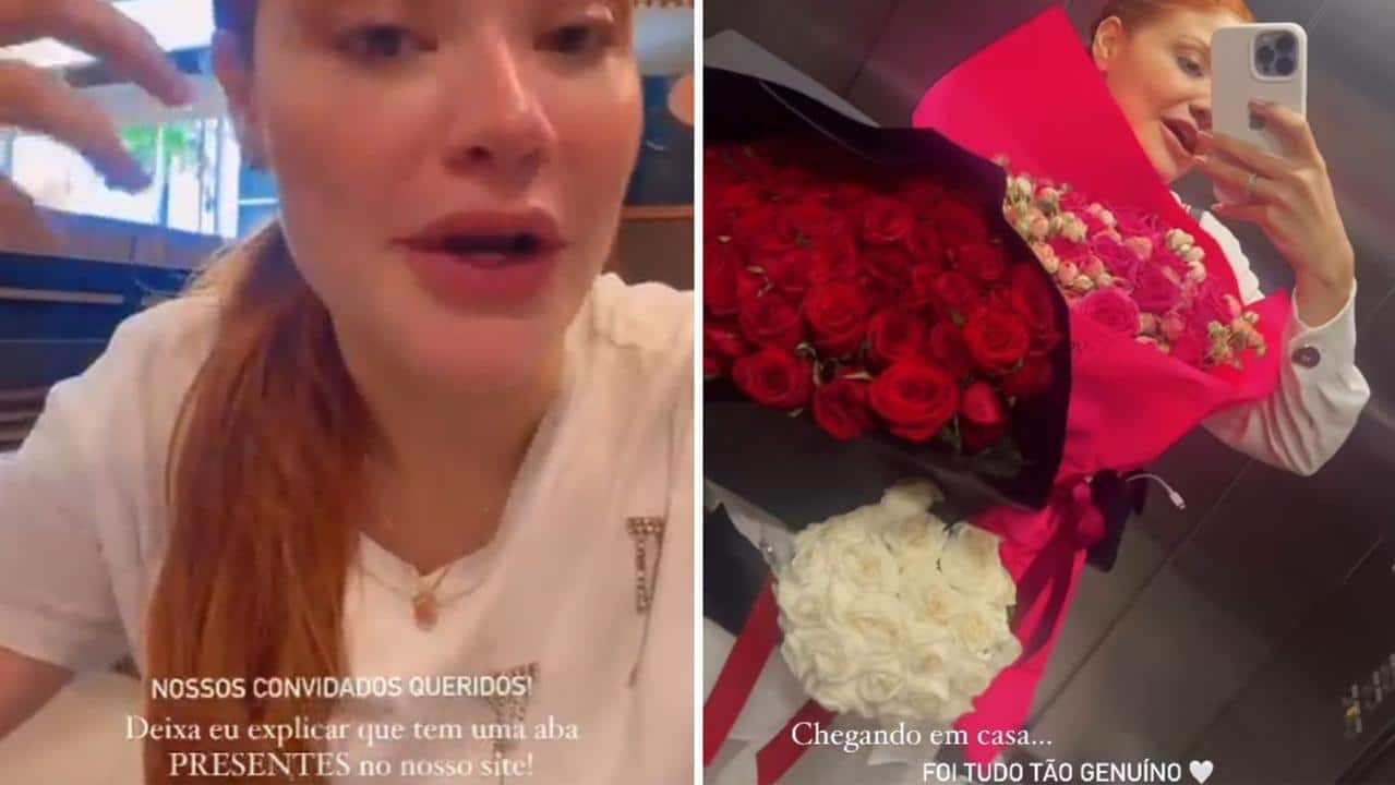 Influenciadora falando em vídeo e a mesma carregando buquê de flores