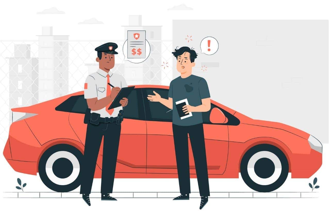 Desenho de um policial multando um veículo