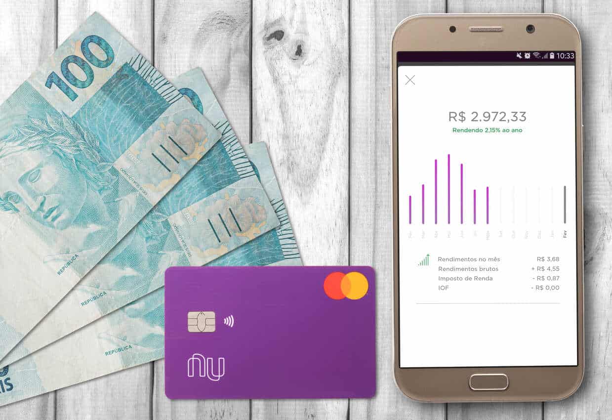 Na imagem celular com gráfico representando taxas, ao lado um cartão da Nubank sobre algumas notas de cem reais.