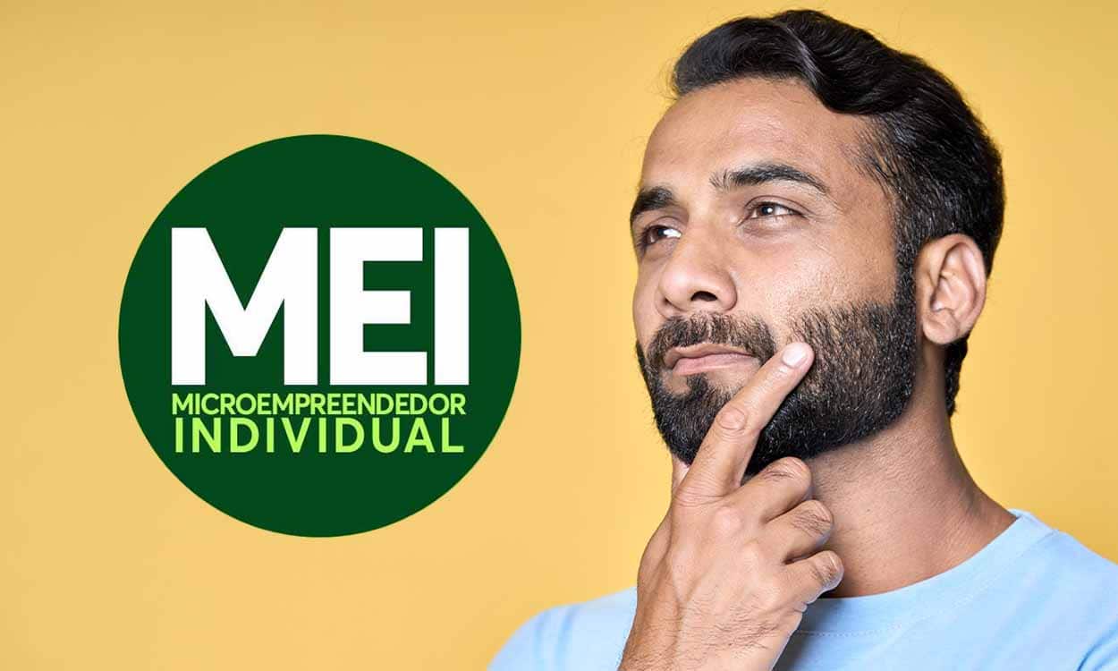 Homem com a mão no queixo, pensativo, e símbolo do MEI.