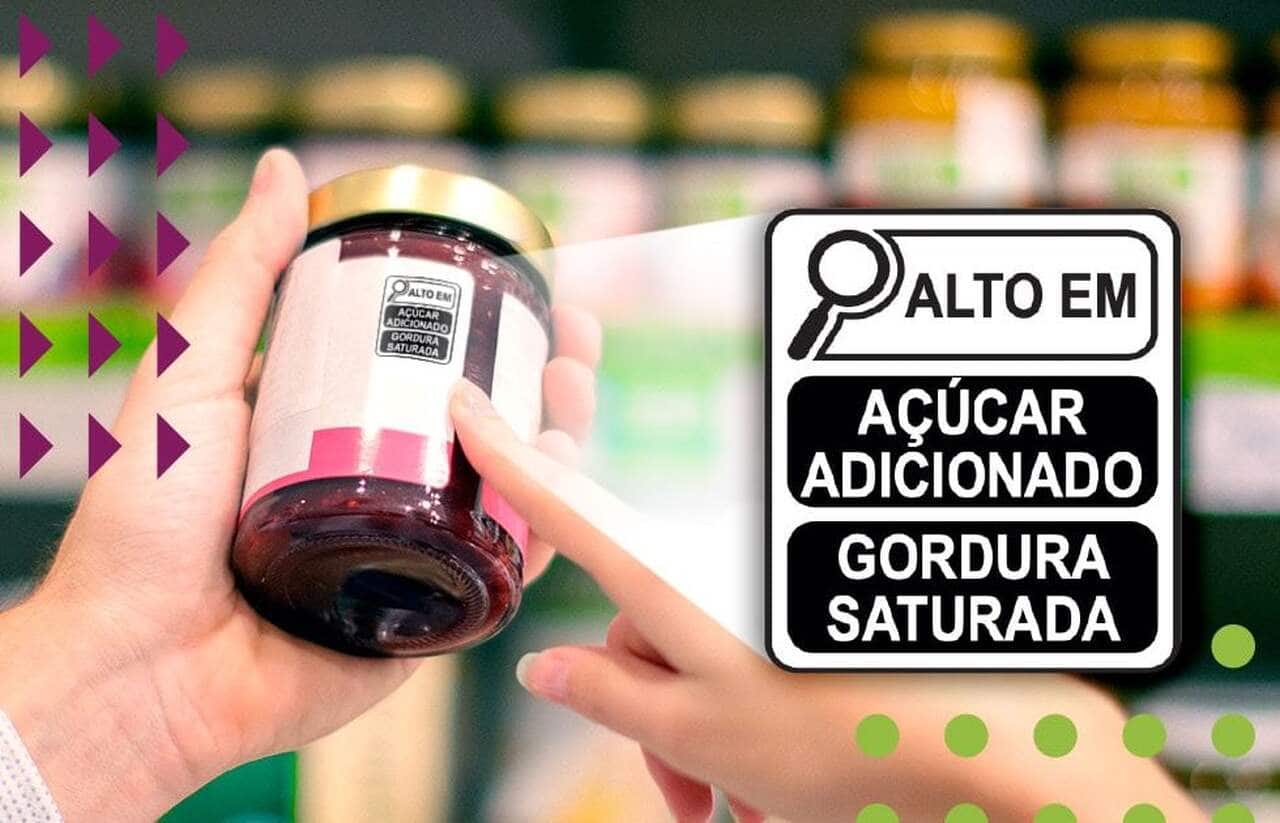 Uma mão apontando para rótulo com Lupa "alto em açúcar adicionado e gordura saturada" de uma embalagem de geleia