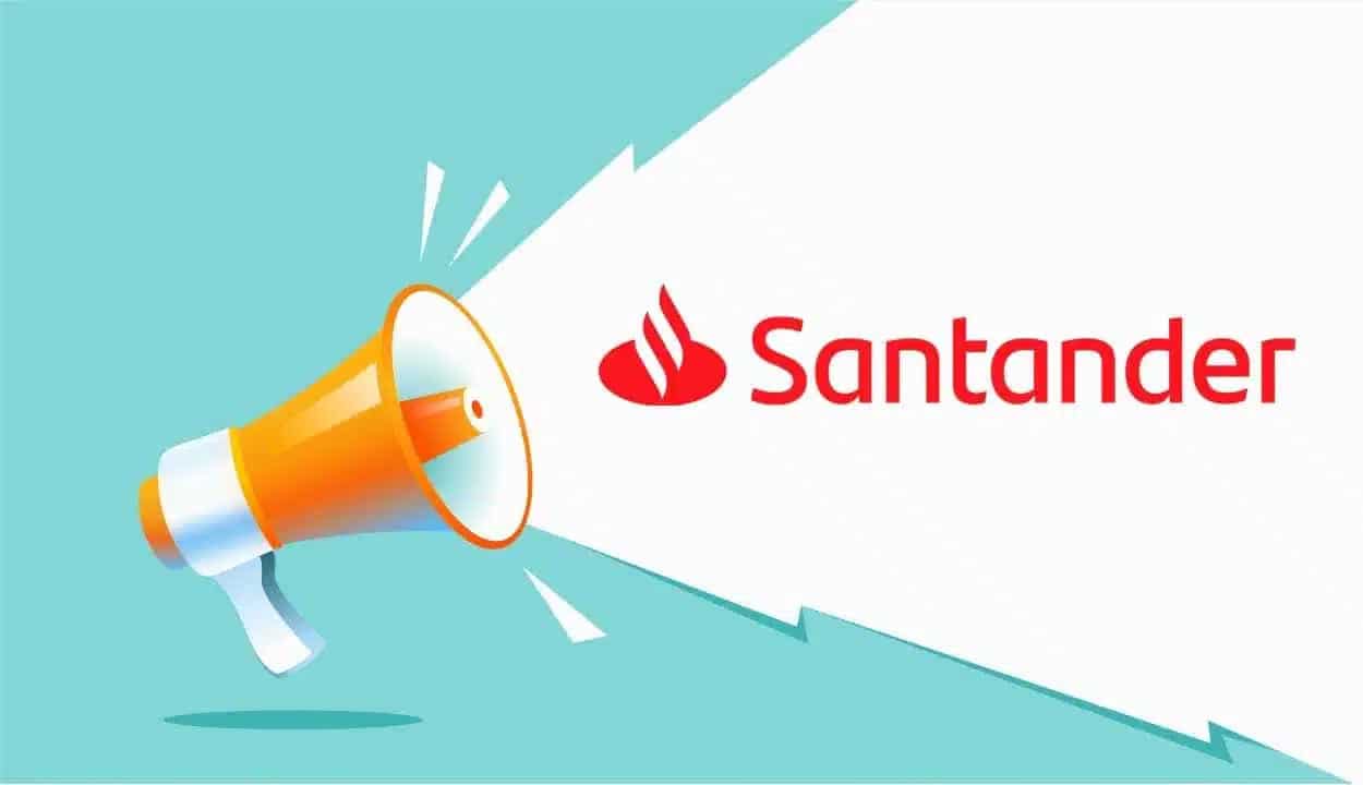 Edição com um megafone laranja e logo do Santander ao lado.