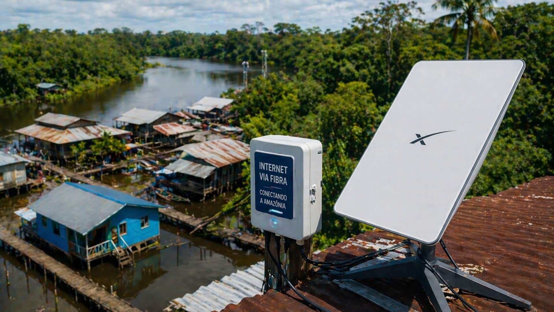 Antenas da Starlink são usadas para distribuir internet por fibra na Amazônia