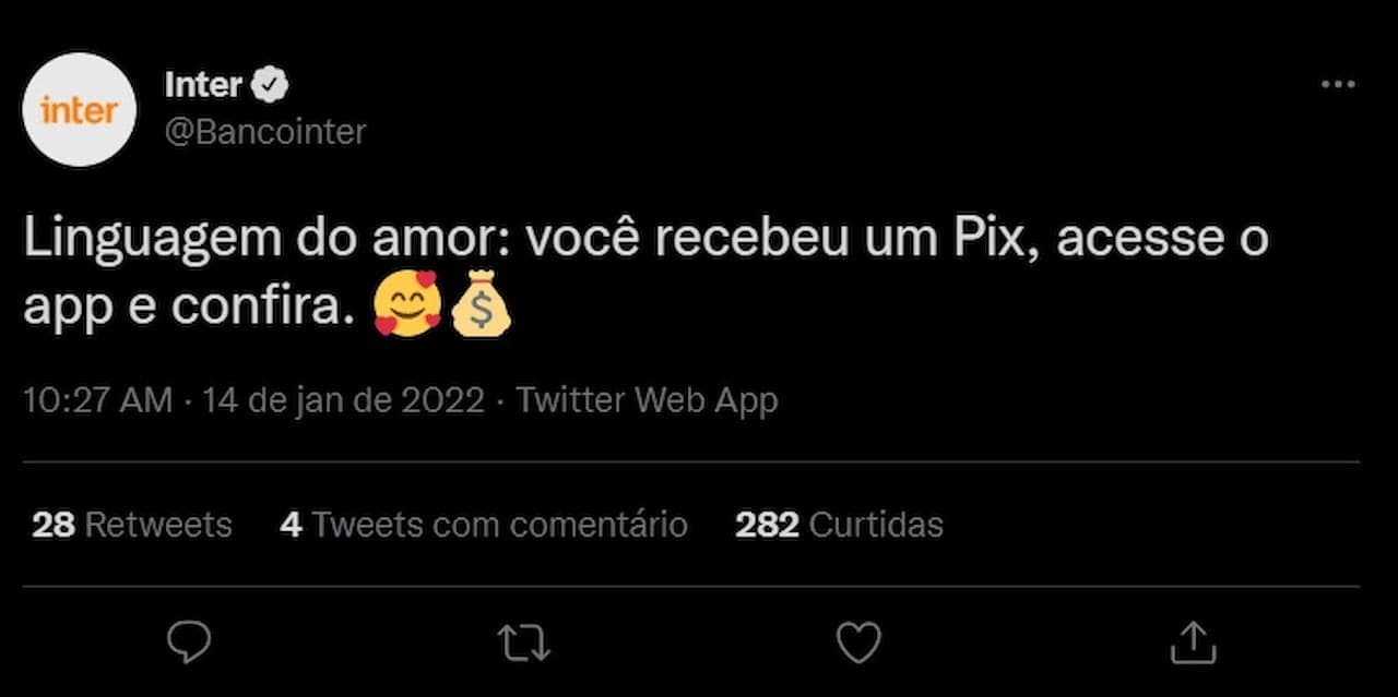 Linguagem do amor: Inter manda Pix para os clientes?