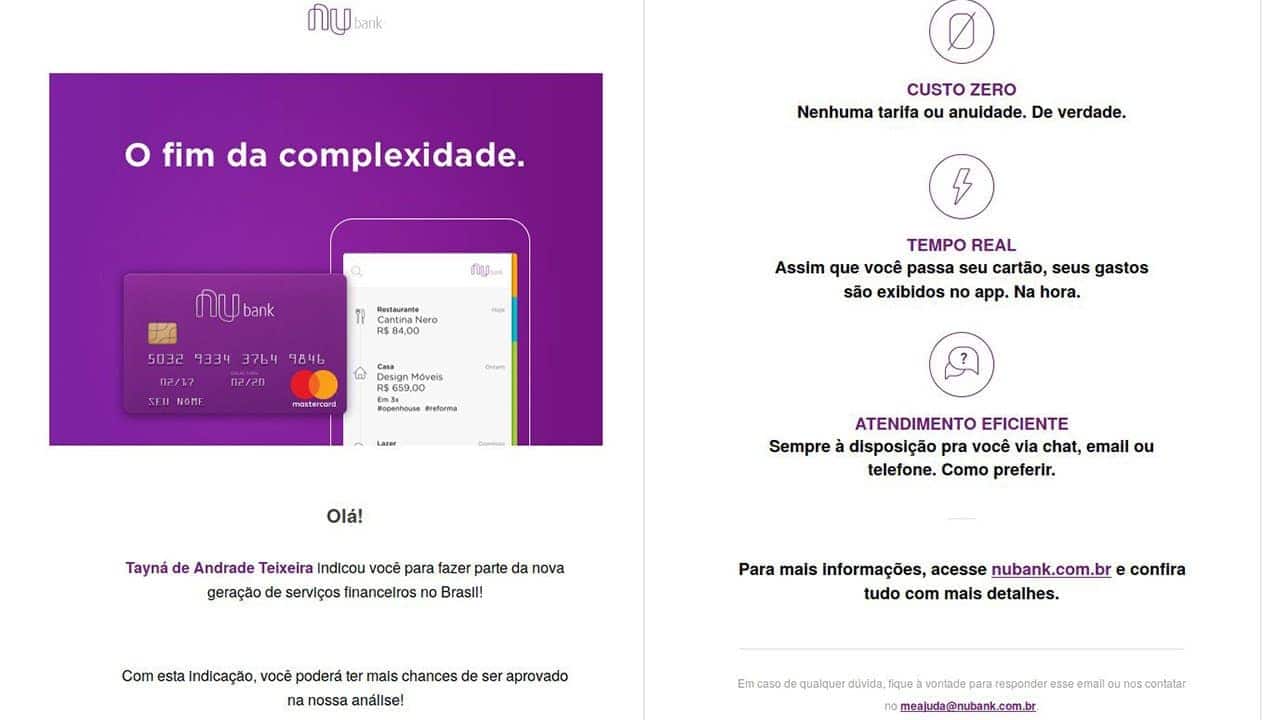 Nubank convite por e-mail