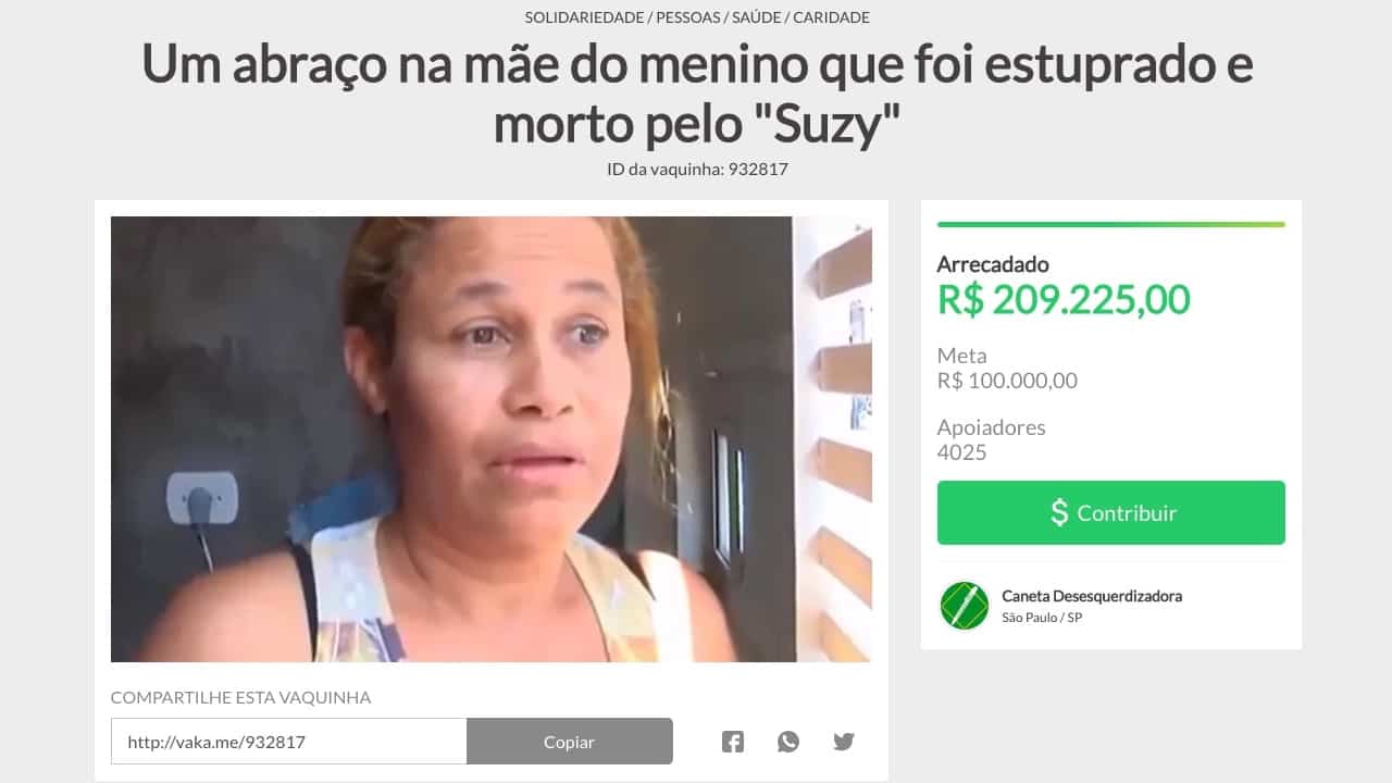 fantastico vakinha para mae do menino vitima da trans Suzy