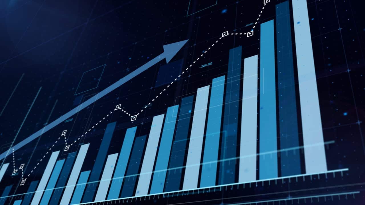 Gráfico azul com seta indicando crescimento