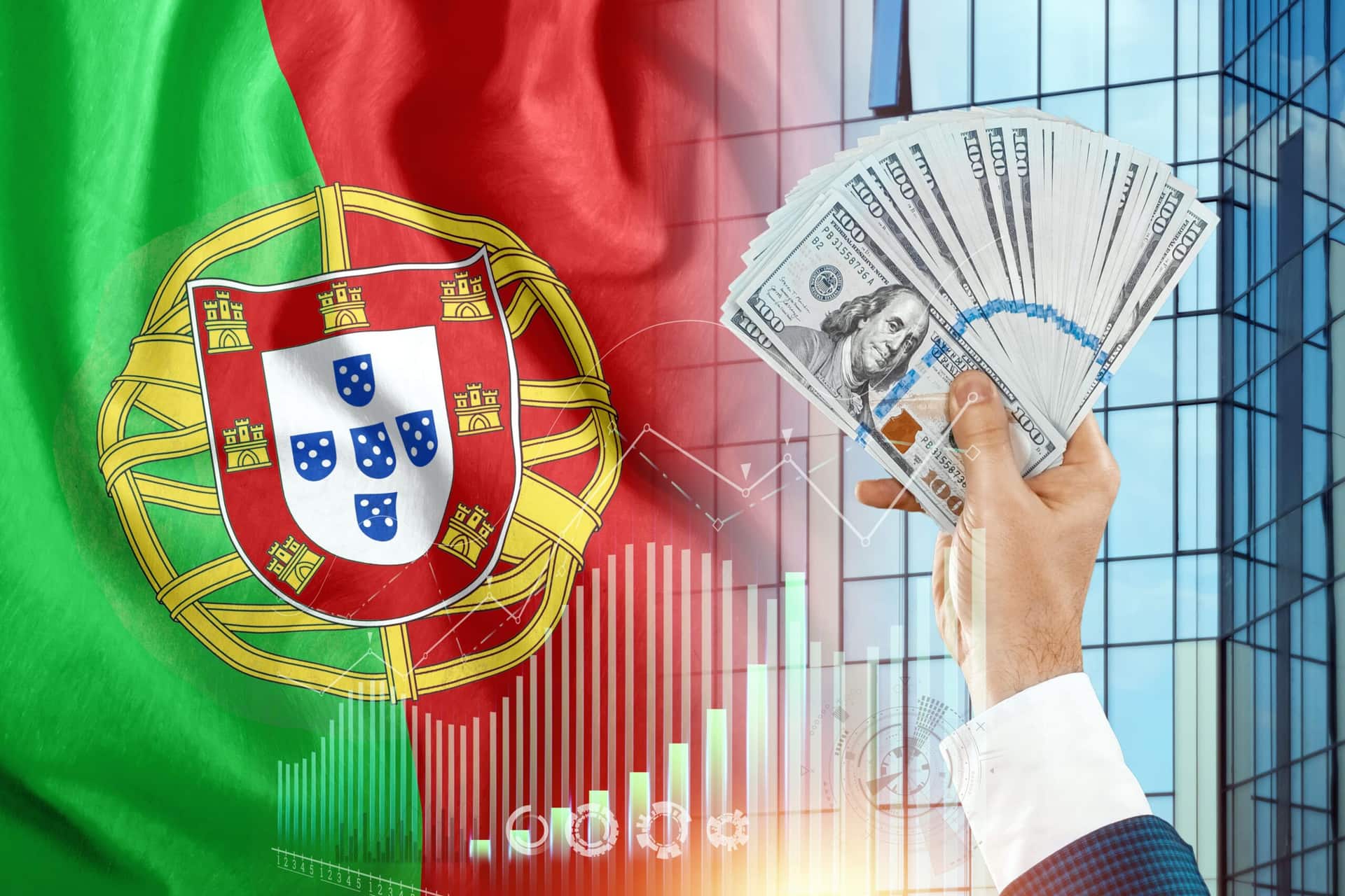Mão segurando alguns euros e ao fundo a bandeira de Portugal
