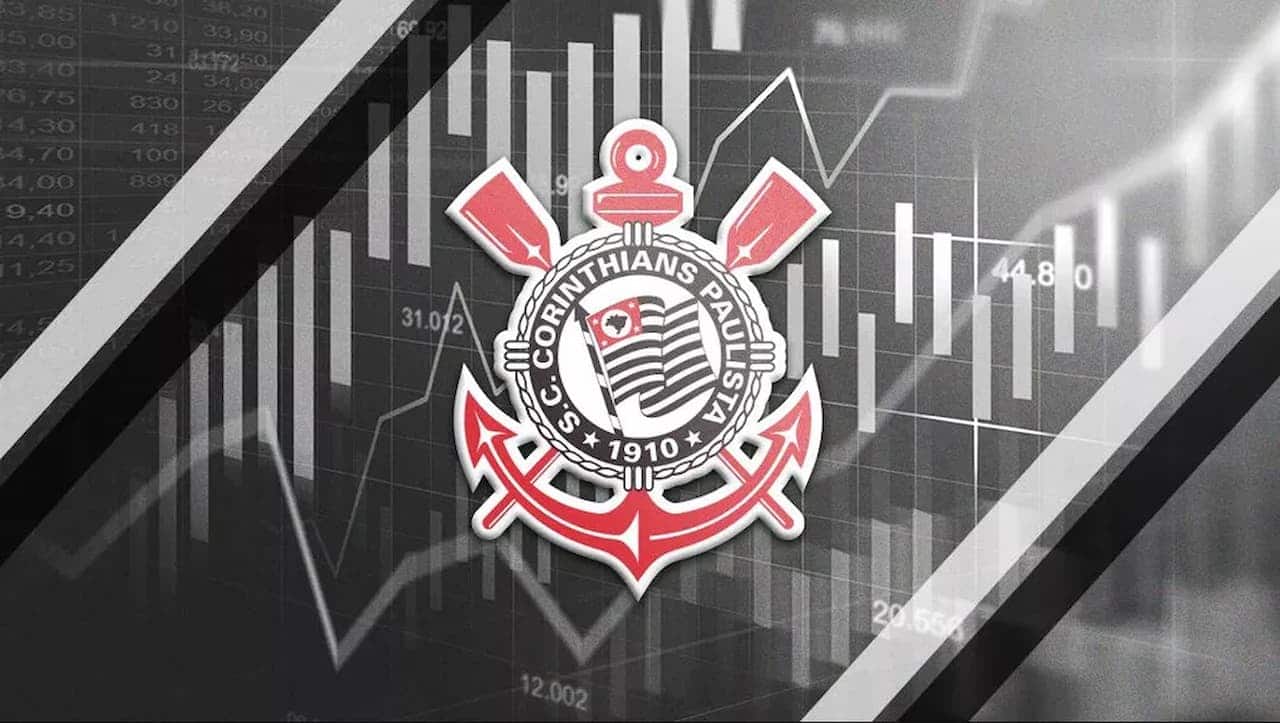 Brasão do Corinthians centralizado na imagem com background de números e índices