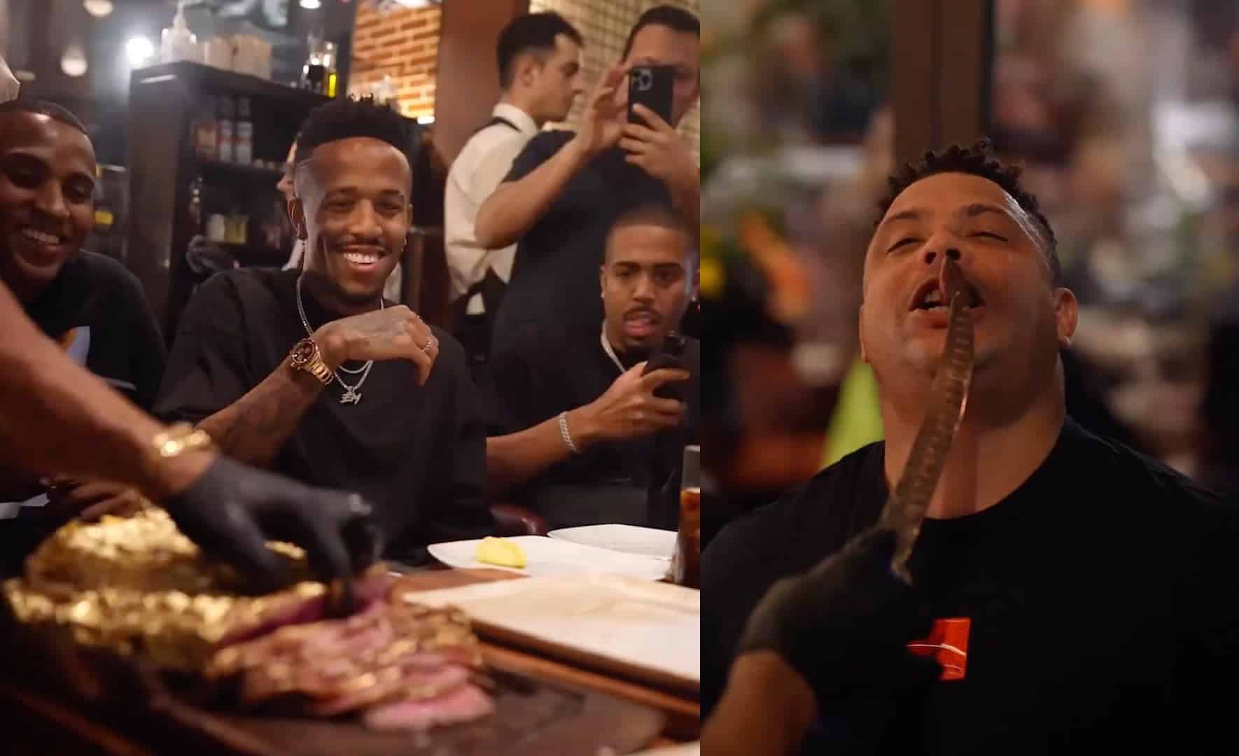 Reprodução de vídeo de redes sociais mostra jogadores do Brasil comendo carne folheada a ouro em restaurante no Catar