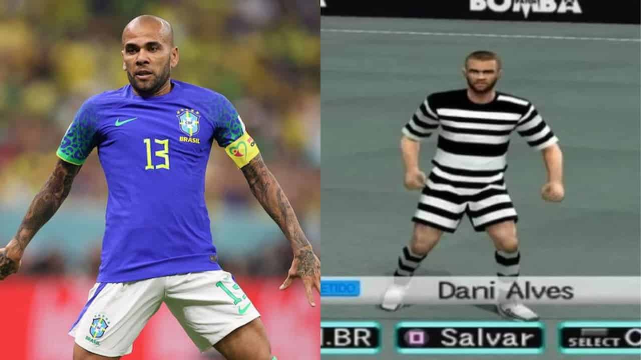 Imagem do jogador Daniel Alves atuando na seleção ao lado de um boneco seu em jogo de videogame de futebol