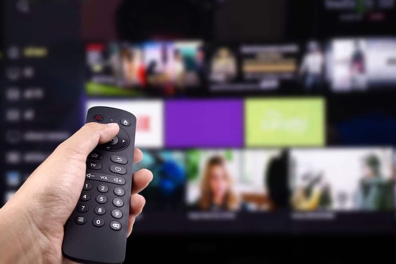 mão segurando o controle remoto de tv