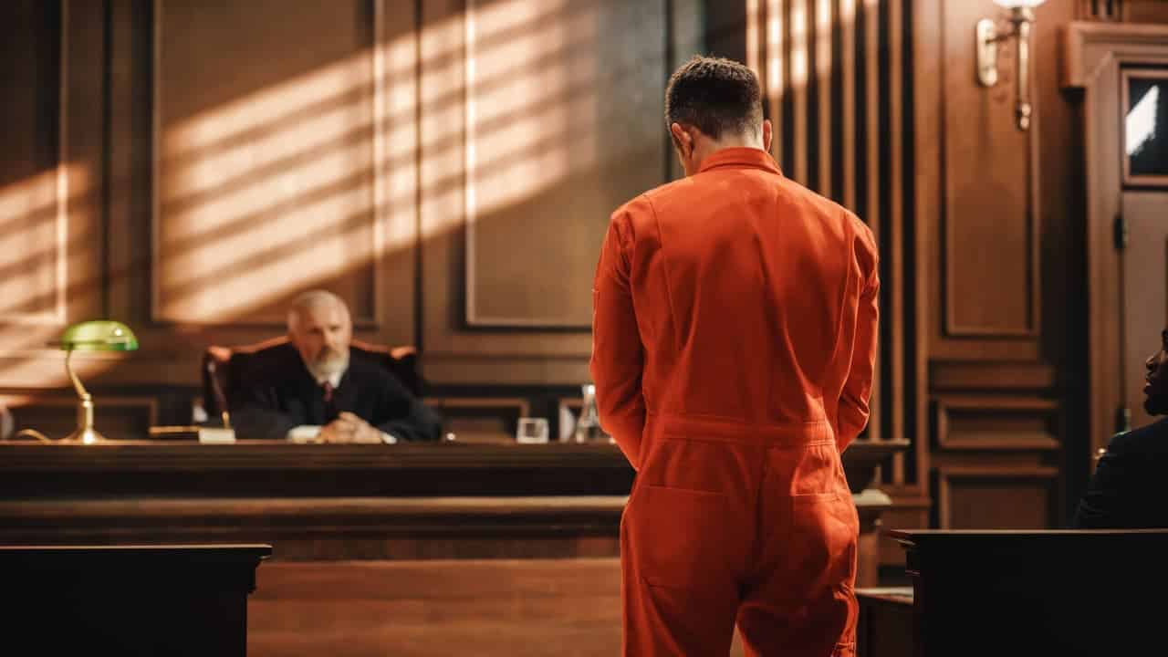 Infrator da lei em macacão laranja é questionado e presta testemunho ao juiz, em Tribunal de Justiça.