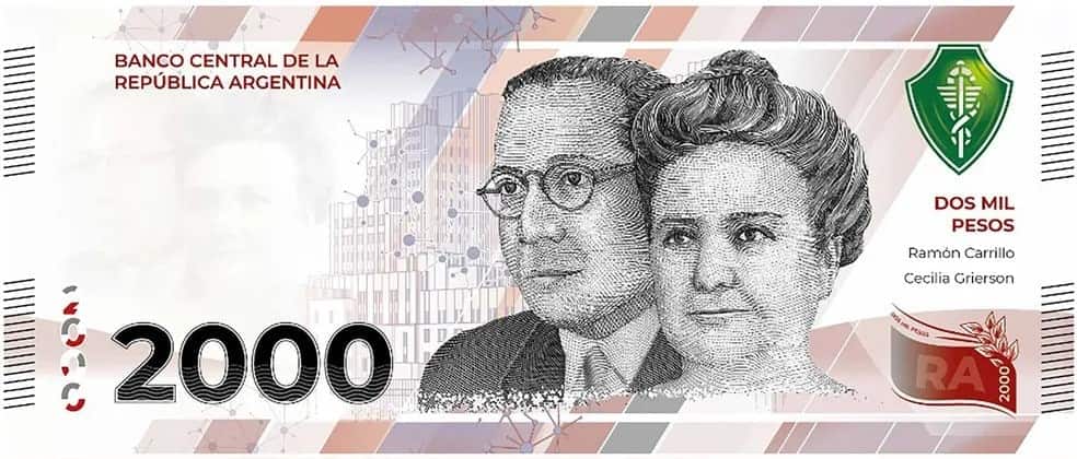 Reprodução da nova nota argentina de 2 mil pesos, com as figuras de dois médicos do país