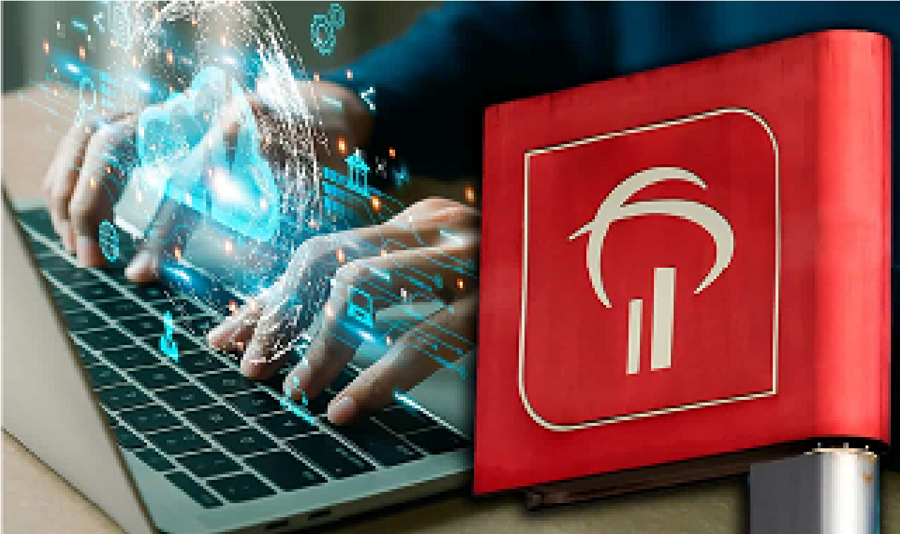 Mãos digitando em laptop e logo do Bradesco