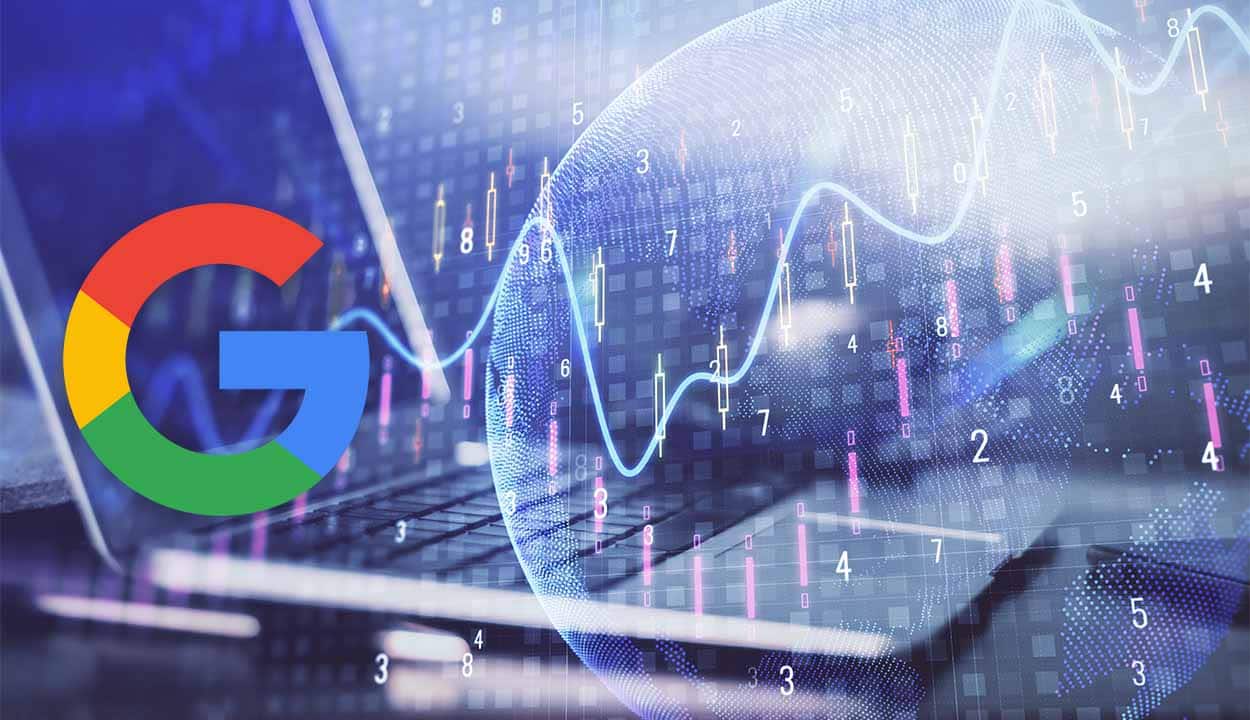 Montagem que mostra um notebook no fundo e em primeiro plano gráficos de investimento e a logo do Google