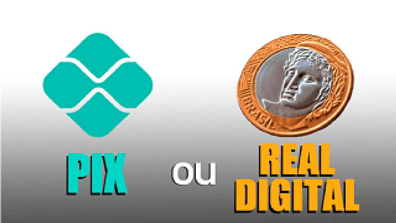 Imagem de símbolo do Pix ao lado do símbolo do Real Digital, que é uma moeda de 1 real