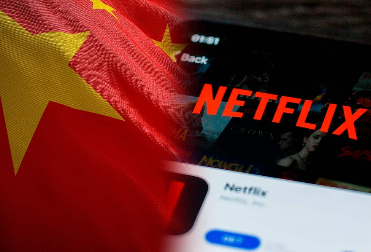 Arte com logo na Netflix e bandeira da China lado a lado