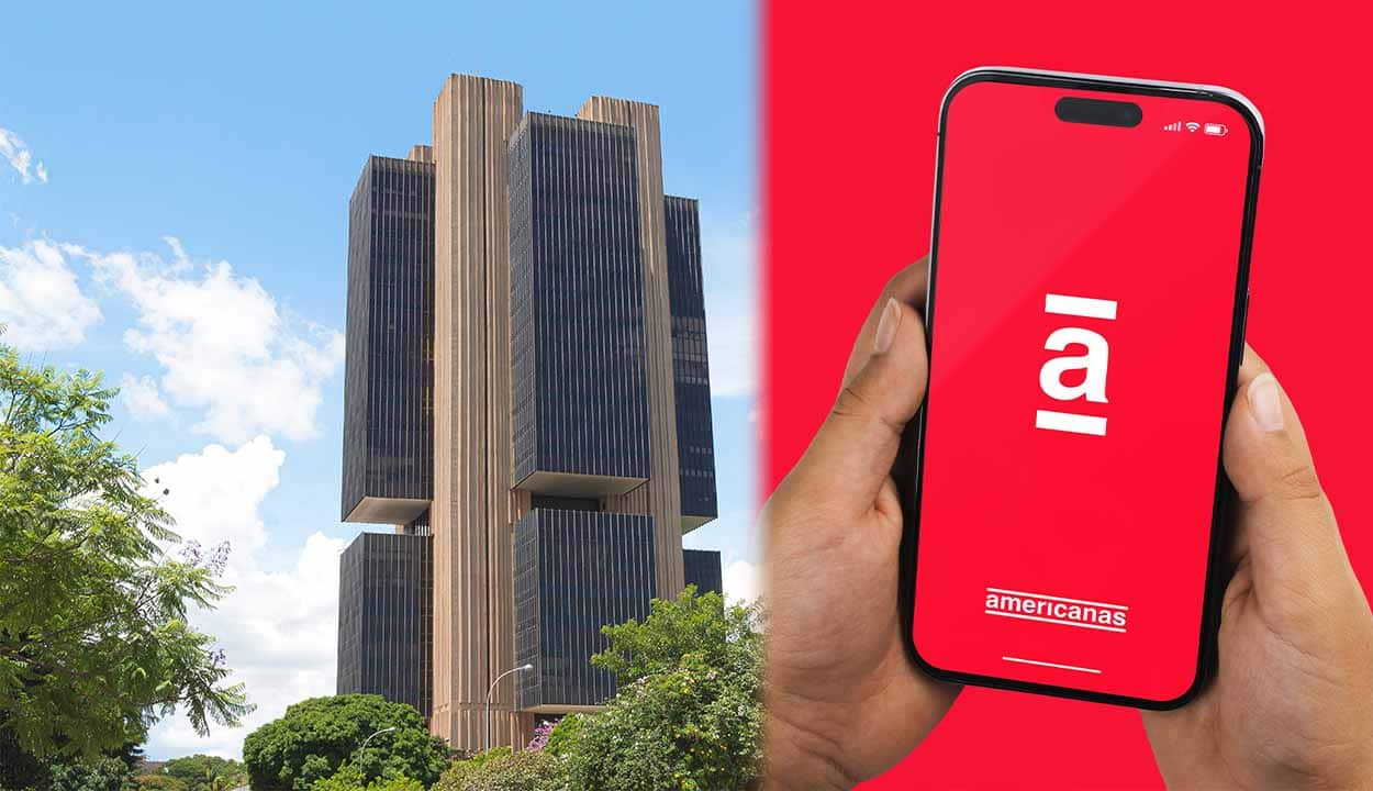 Montagem com a sede do Banco Central do lado esquerdo e uma pessoa segurando um celular com a logo da Americanas na direita